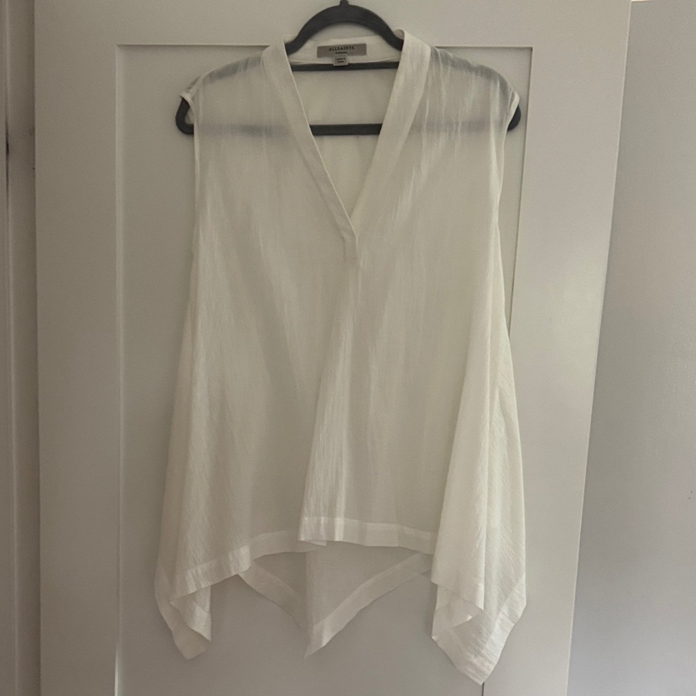 All Saints White Sleeveless V-Neck Handkerchief Hem Tunic AS-IS